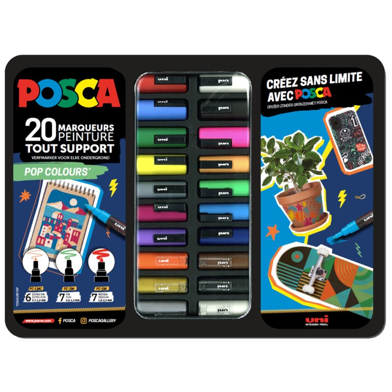POSCA marqueurs pigmentés POP COLOURS, 20 pièces, boîte métallique